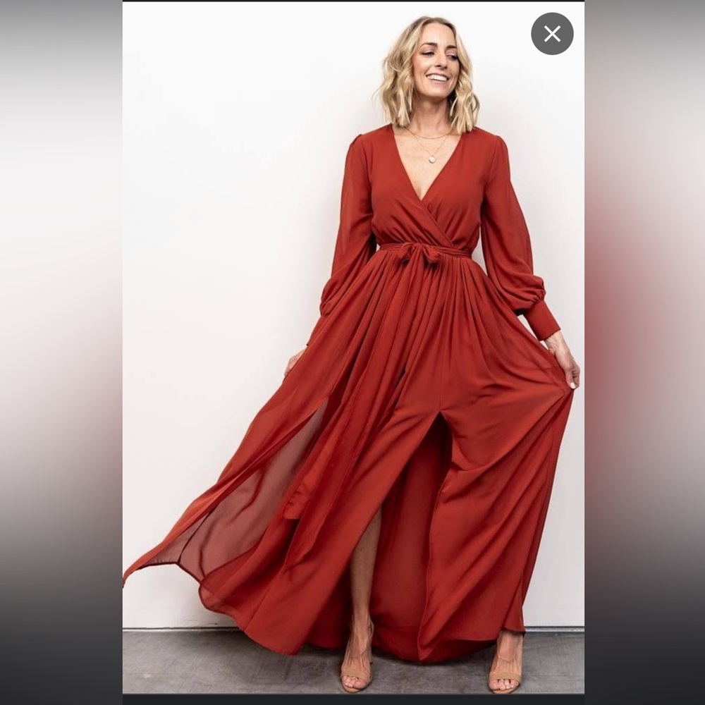 Deep red maxi dress with long sleeves